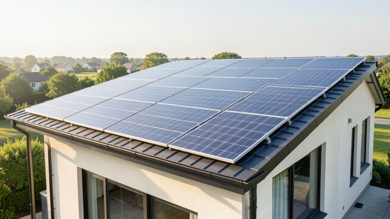 panneau photovoltaique ou solaire installé sur le toit d'une maison contemporaine