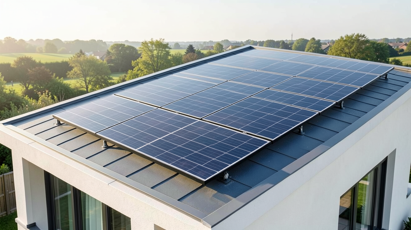 panneau photovoltaique ou solaire installé sur le toit d'une maison moderne