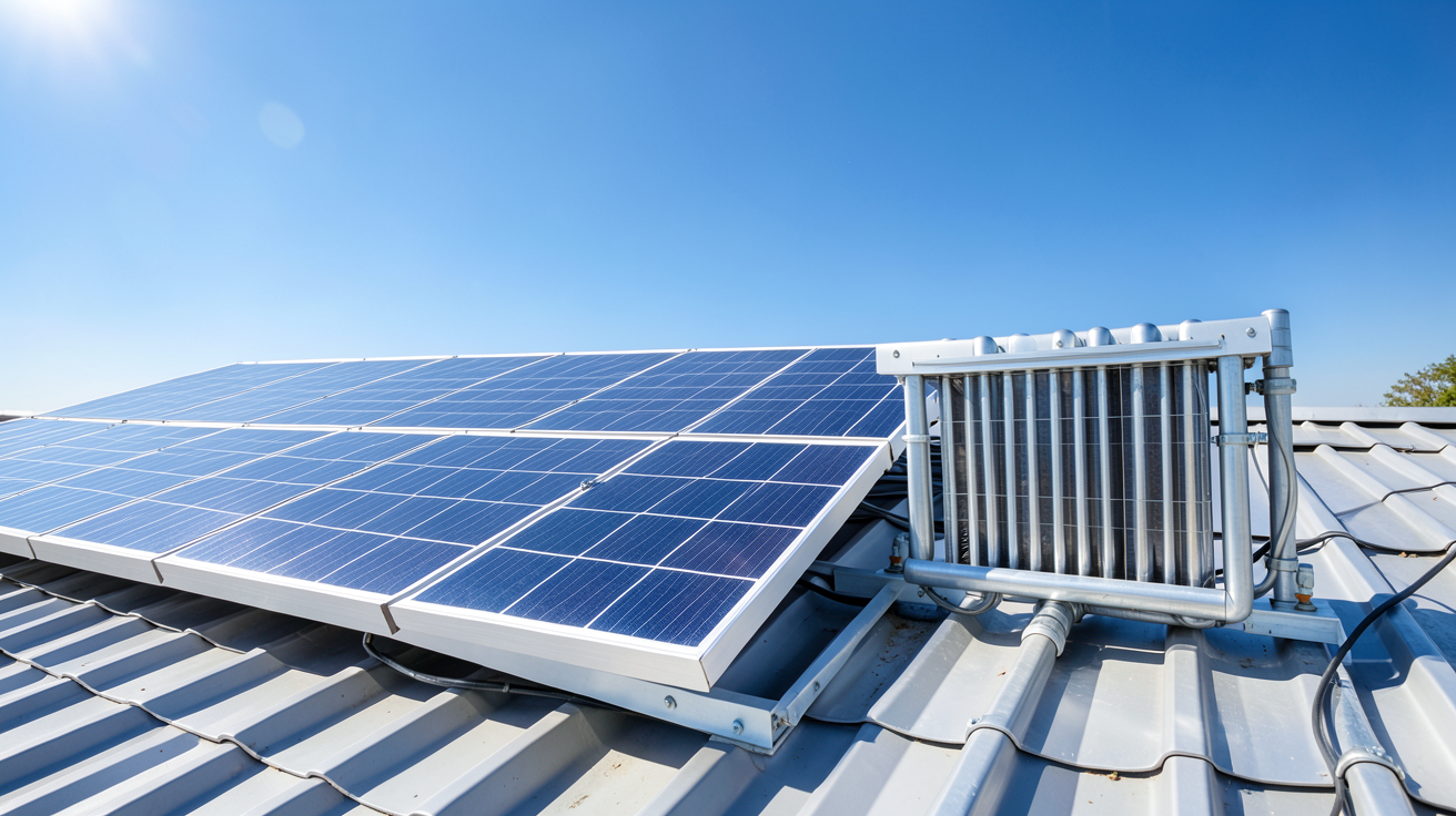 panneau photovoltaïque ou thermique illustrant le fonctionnement de chaque technologie sur un toit ensoleillé