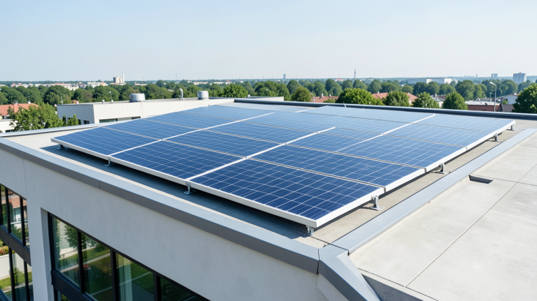 panneau photovoltaique ou thermique installé sur le toit d'un bâtiment moderne