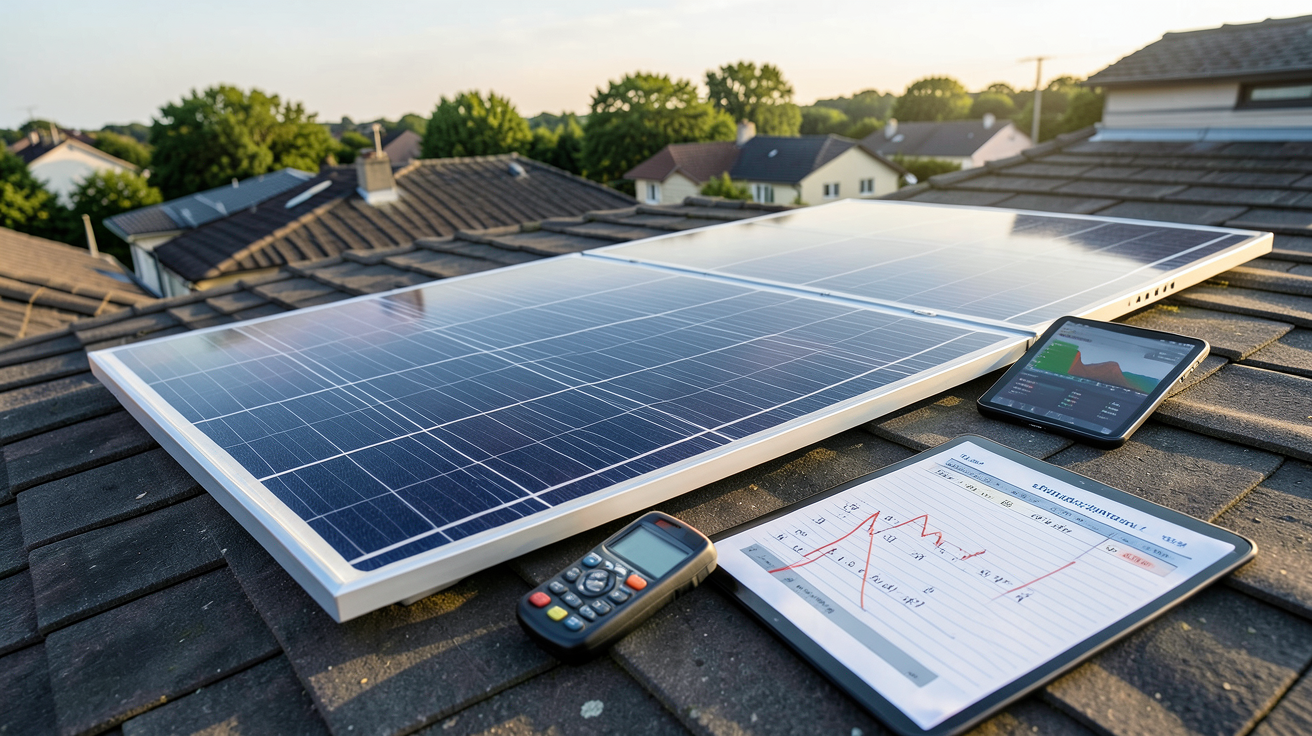 panneau photovoltaïque installé sur un toit avec outils complémentaires comme un multimètre et une tablette