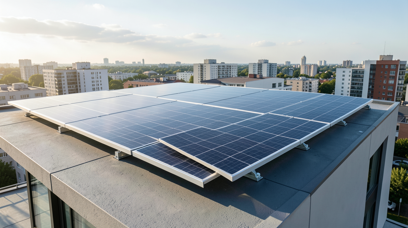 panneau photovoltaïque Panasonic installé sur le toit d'une maison urbaine moderne