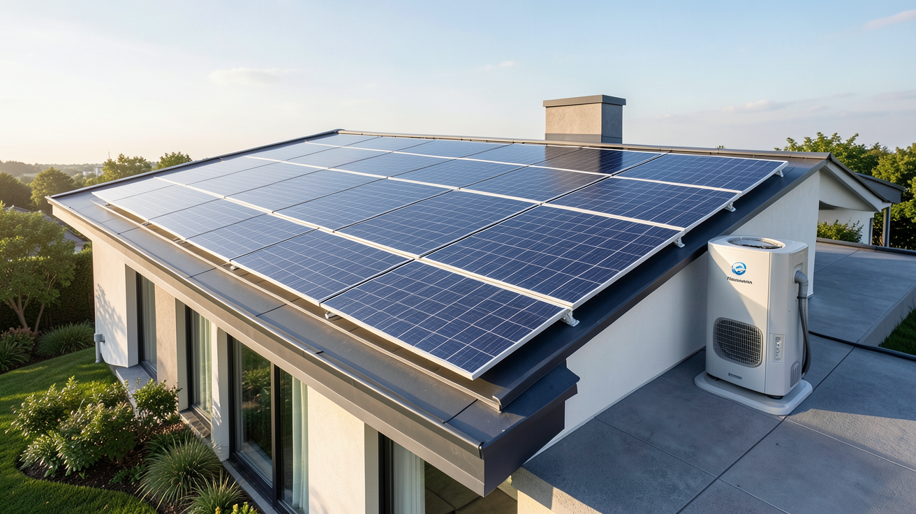 panneau photovoltaïque Panasonic intégré avec une pompe à chaleur Panasonic HPM sur le toit d'une maison moderne