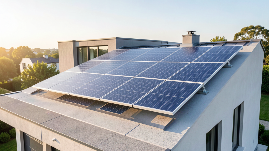 panneau photovoltaïque Panasonic installé sur le toit d'une maison contemporaine