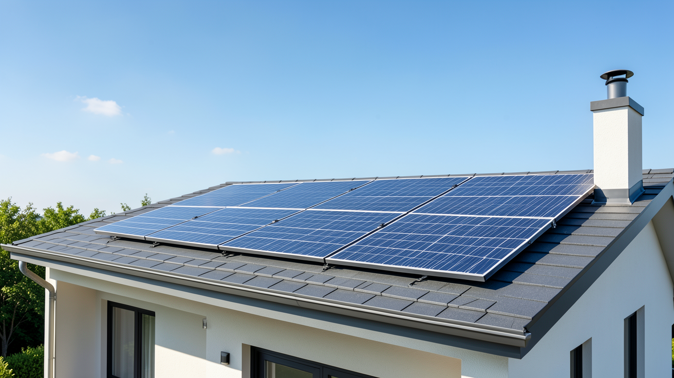 panneau photovoltaique particulier installé sur le toit d'une maison moderne, illustrant le coût moyen en 2025