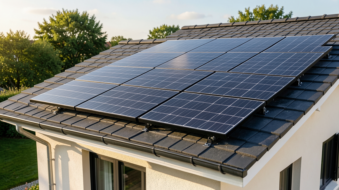 panneau photovoltaïque particulier installé sur le toit d'une maison individuelle avec un kit solaire clé en main
