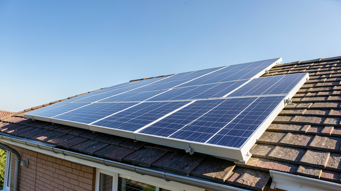 panneau photovoltaïque installé sur le toit d'une maison individuelle avec un ciel bleu dégagé