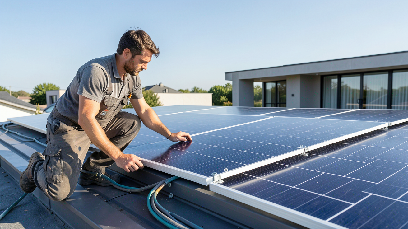 panneau photovoltaïque pas cher en cours d'installation sur un toit résidentiel moderne