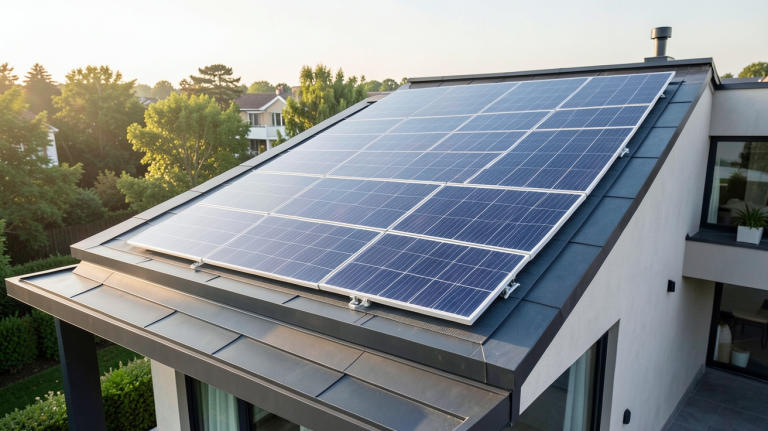 panneau photovoltaique perovskite installé sur le toit d'une maison contemporaine