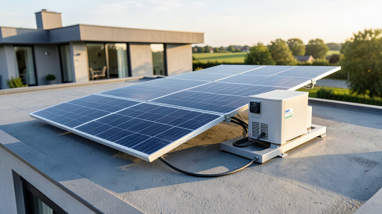 panneau photovoltaïque avec pile hydrogène pour autoconsommation énergétique installé sur un toit de maison moderne