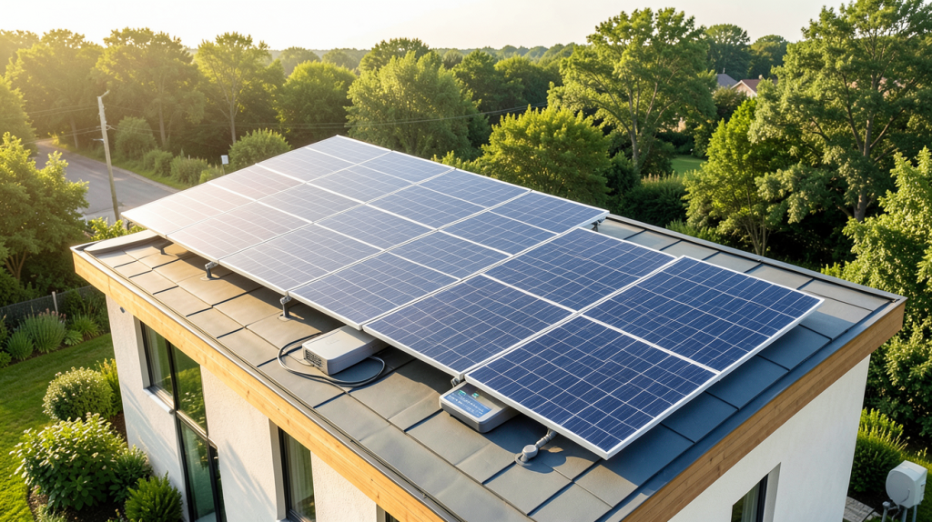 panneau photovoltaïque avec pile hydrogène pour autoconsommation installé sur le toit d'une maison écologique