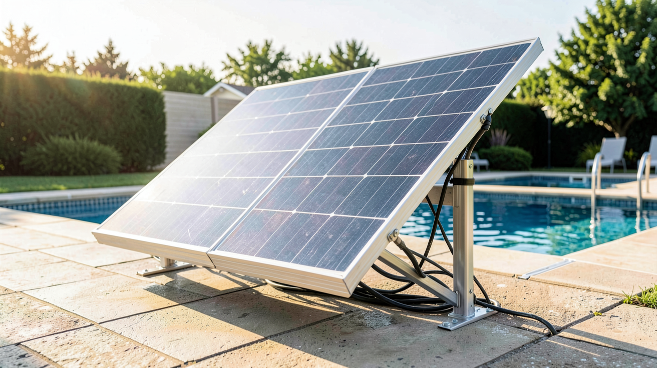 panneau photovoltaïque installé près d'une piscine extérieure pour le dimensionnement d'une installation solaire