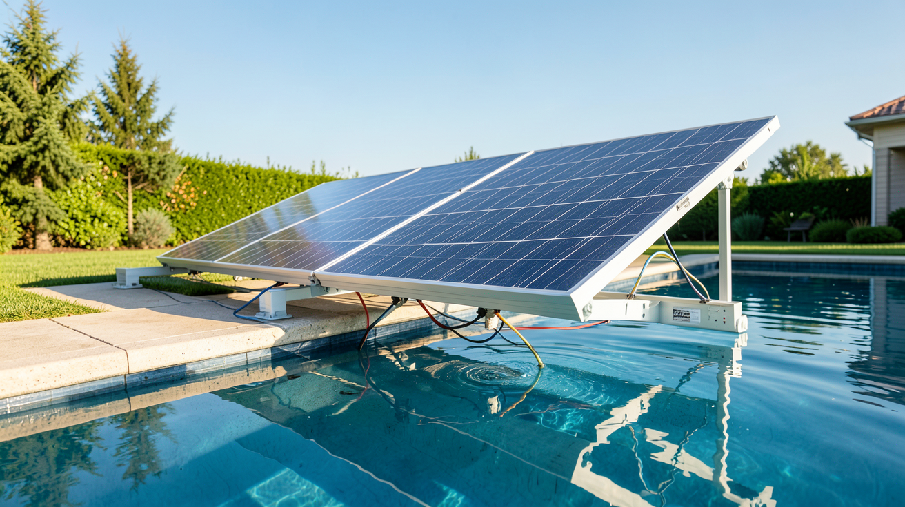 panneau photovoltaïque pour piscine installation plug-and-play F2000 en bordure d'une piscine familiale