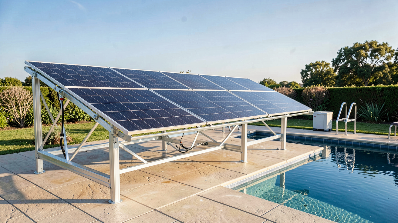 panneau photovoltaïque piscine kit plug & play installé près d'une piscine extérieure avec ciel dégagé