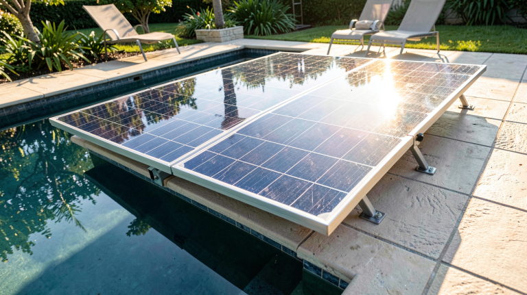 panneau photovoltaïque installé sur le bord d'une piscine extérieure ensoleillée