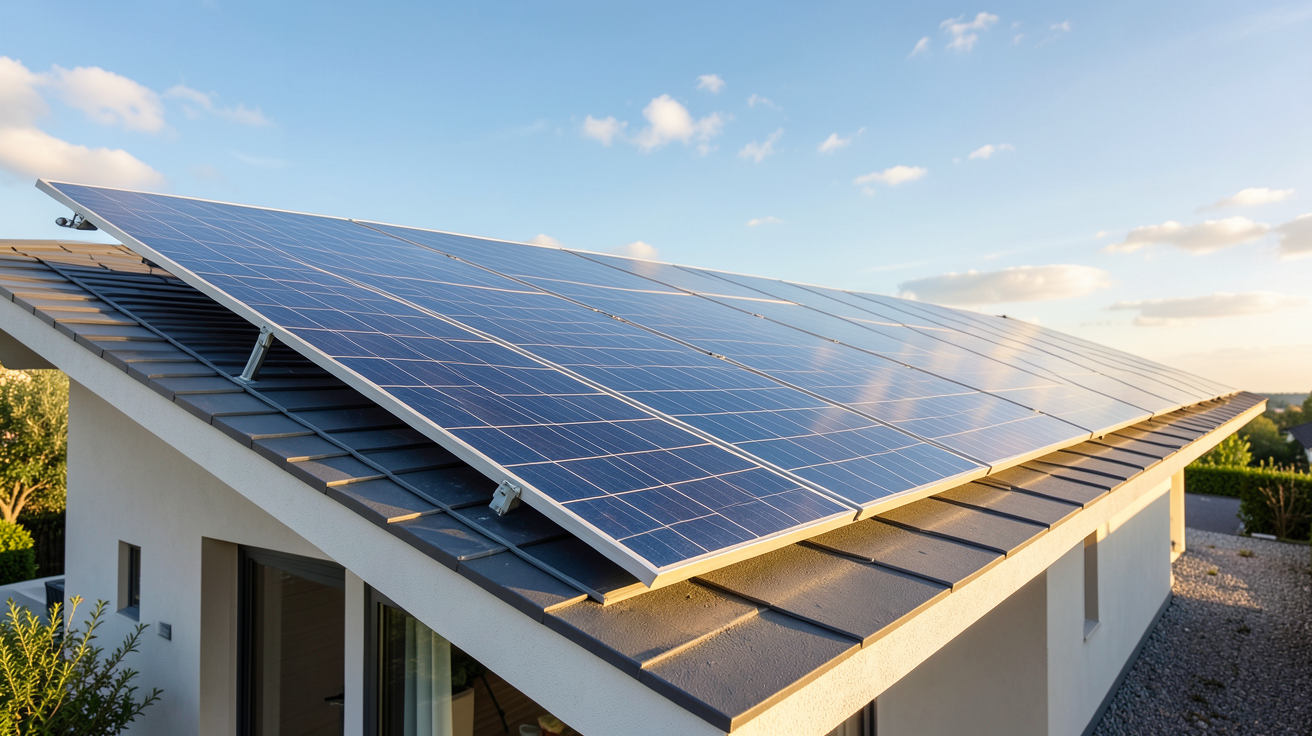 panneau photovoltaïque pivotant installé sur le toit d'une maison moderne, orienté vers le soleil pour optimiser la production d'énergie