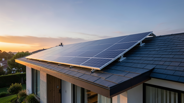 panneau photovoltaique pivotant installé sur le toit d'une maison moderne, capturé en haute résolution avec une lumière naturelle du soir.