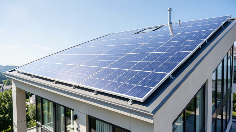 panneau photovoltaique pliable installé sur le toit d'un bâtiment moderne, capturé en plein jour