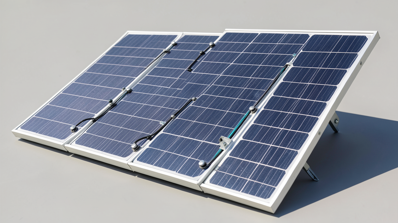 panneau photovoltaïque pliable ouvert exposé au soleil avec détails techniques visibles