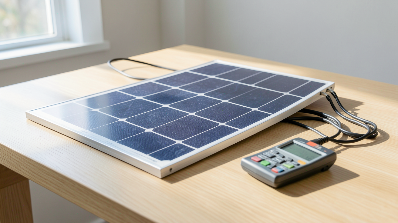 panneau photovoltaïque pliable posé sur une table avec câbles de branchement et multimètre
