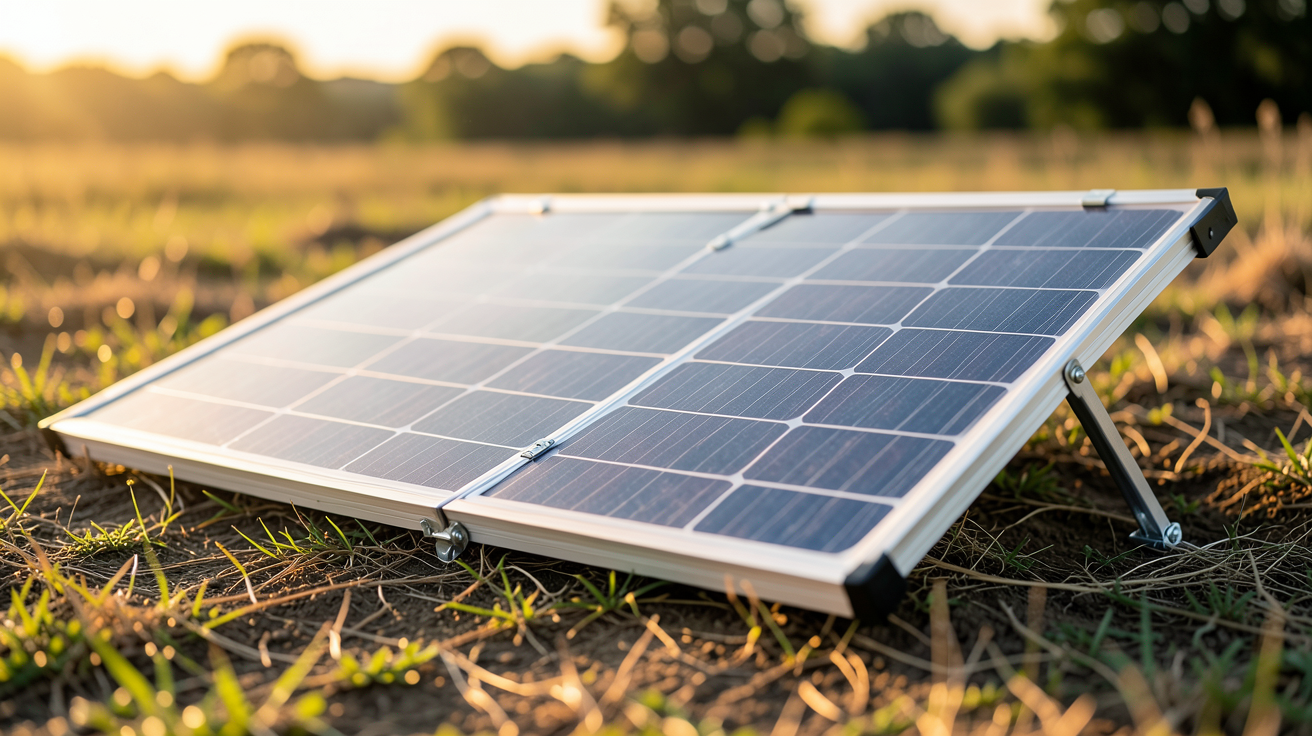 panneau photovoltaïque pliable déployé sur un terrain ensoleillé montrant les cellules solaires flexibles et les charnières de pliage