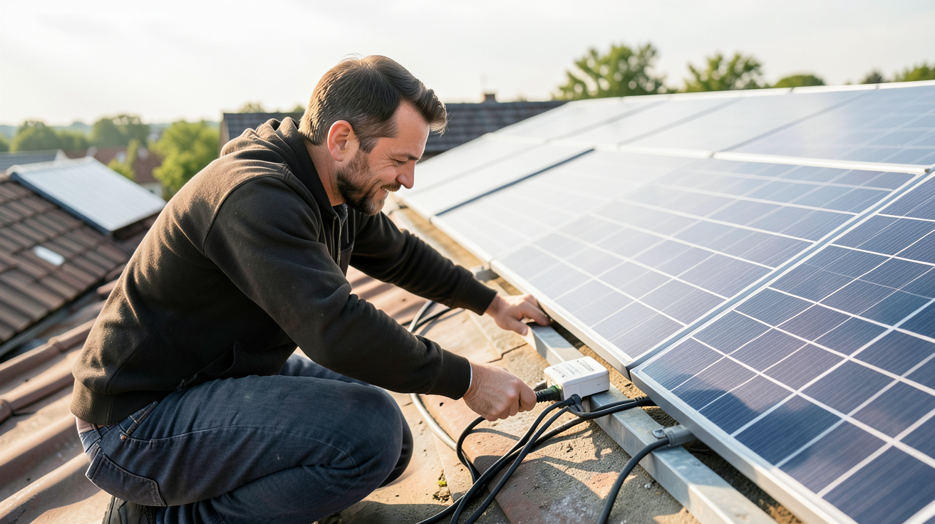 panneau photovoltaique plug and play installé sur un toit avec branchement sécurisé