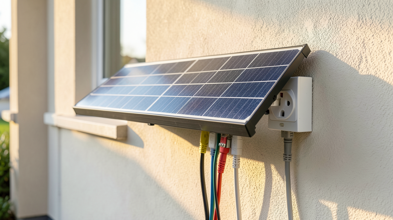 panneau photovoltaïque plug and play en cours d'installation avec prise renforcée et câbles connectés