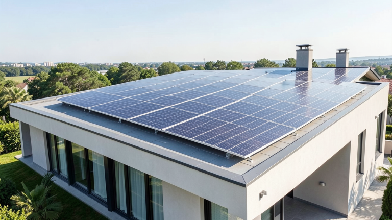 panneau photovoltaïque plug and play installé sur le toit d'une maison moderne, capturé en haute résolution.