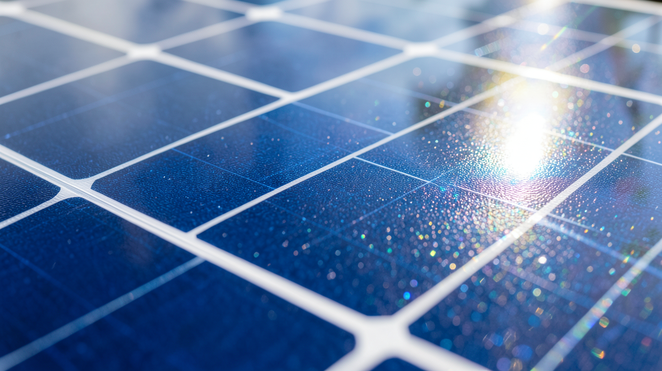 panneau photovoltaïque polycristallin en gros plan montrant les cellules bleutées et la surface vitrée