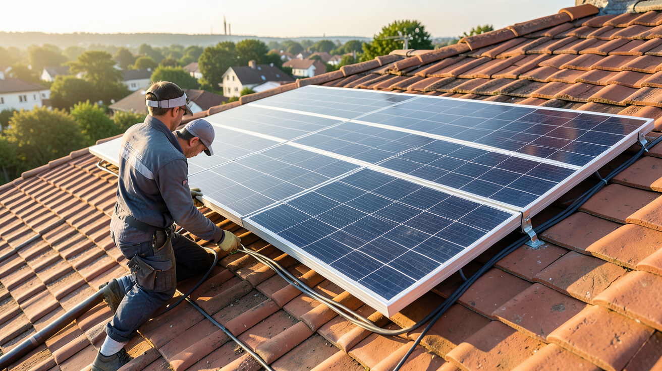 panneau photovoltaïque polycristallin en cours d'installation sur un toit de maison