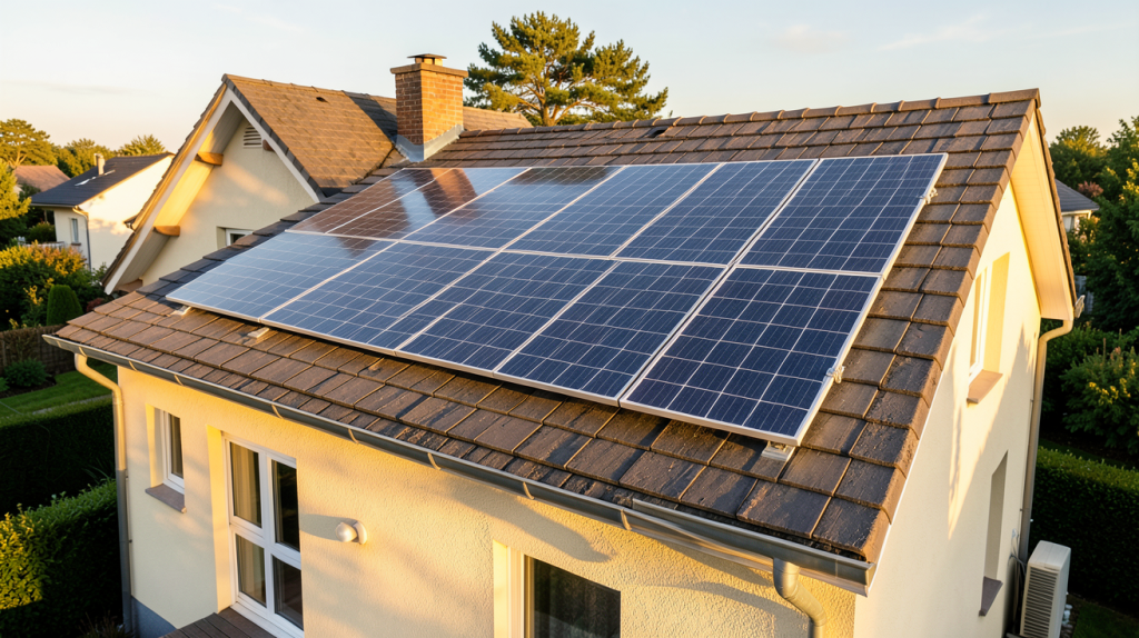 panneau photovoltaïque polycristallin installé sur le toit d'une maison ensoleillée