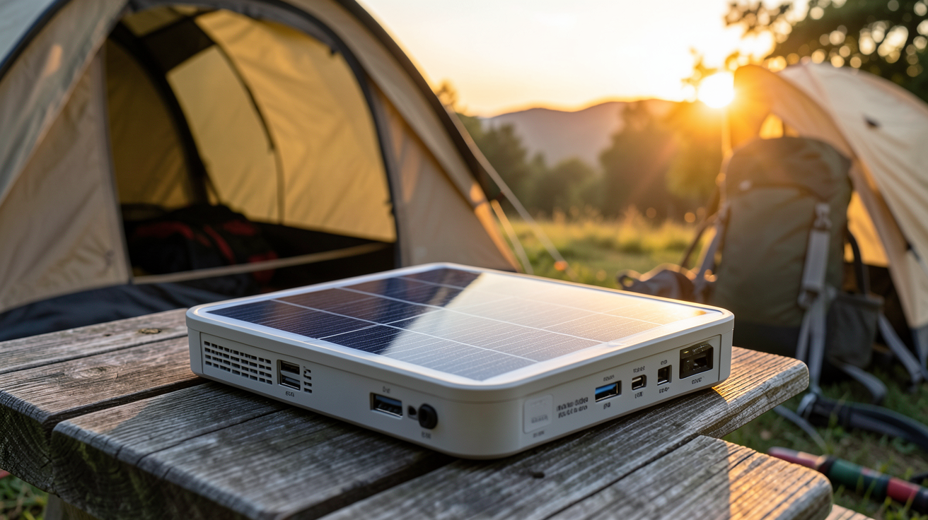 panneau photovoltaïque portable utilisé en camping avec une tente et du matériel de randonnée en arrière-plan