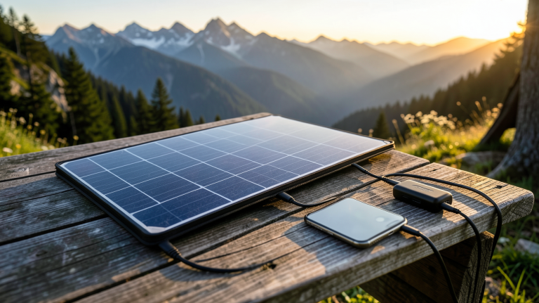 panneau photovoltaique portable utilisé pour recharger des appareils électroniques en camping