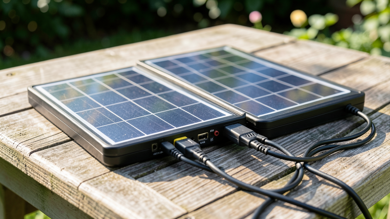 panneau photovoltaïque portable comparatif des modèles posés sur une table en bois extérieur