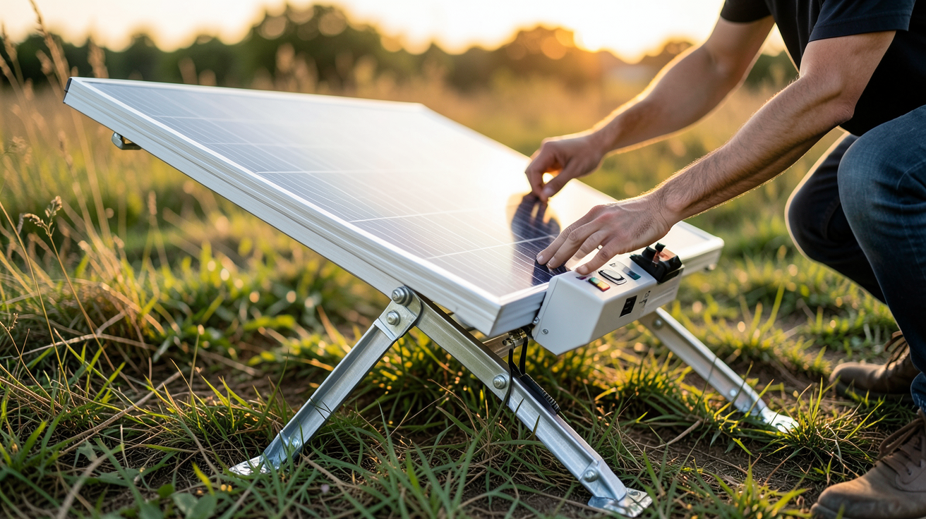 panneau photovoltaïque portable en cours d'installation pas à pas sur un terrain herbeux