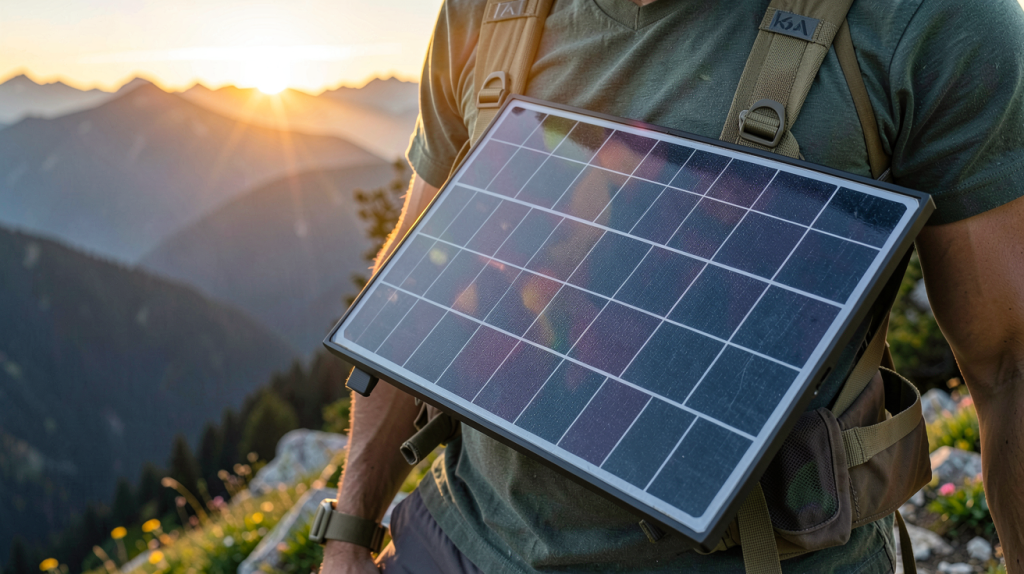 panneau photovoltaïque portable pliable 120w posé sur un sac à dos en montagne