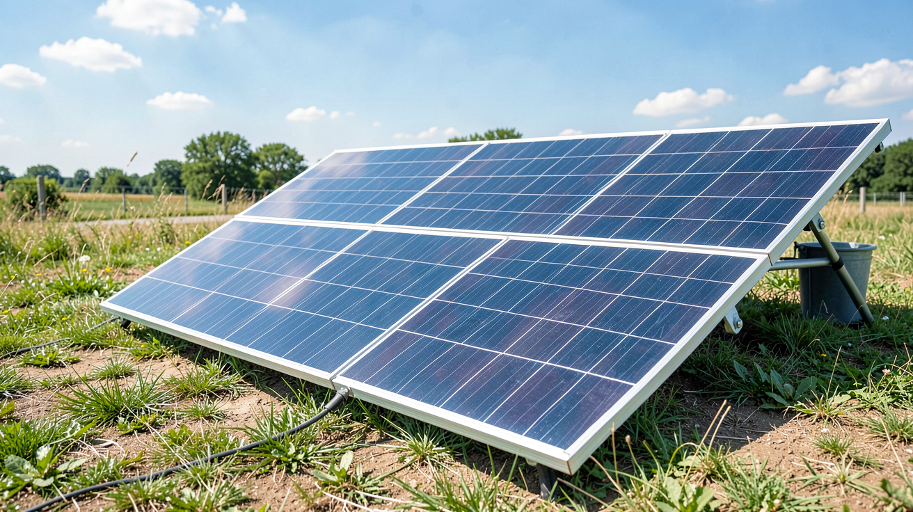 panneau photovoltaïque portable pliable 120w déployé en plein soleil, montrant le dispositif plié et ses cellules solaires actives