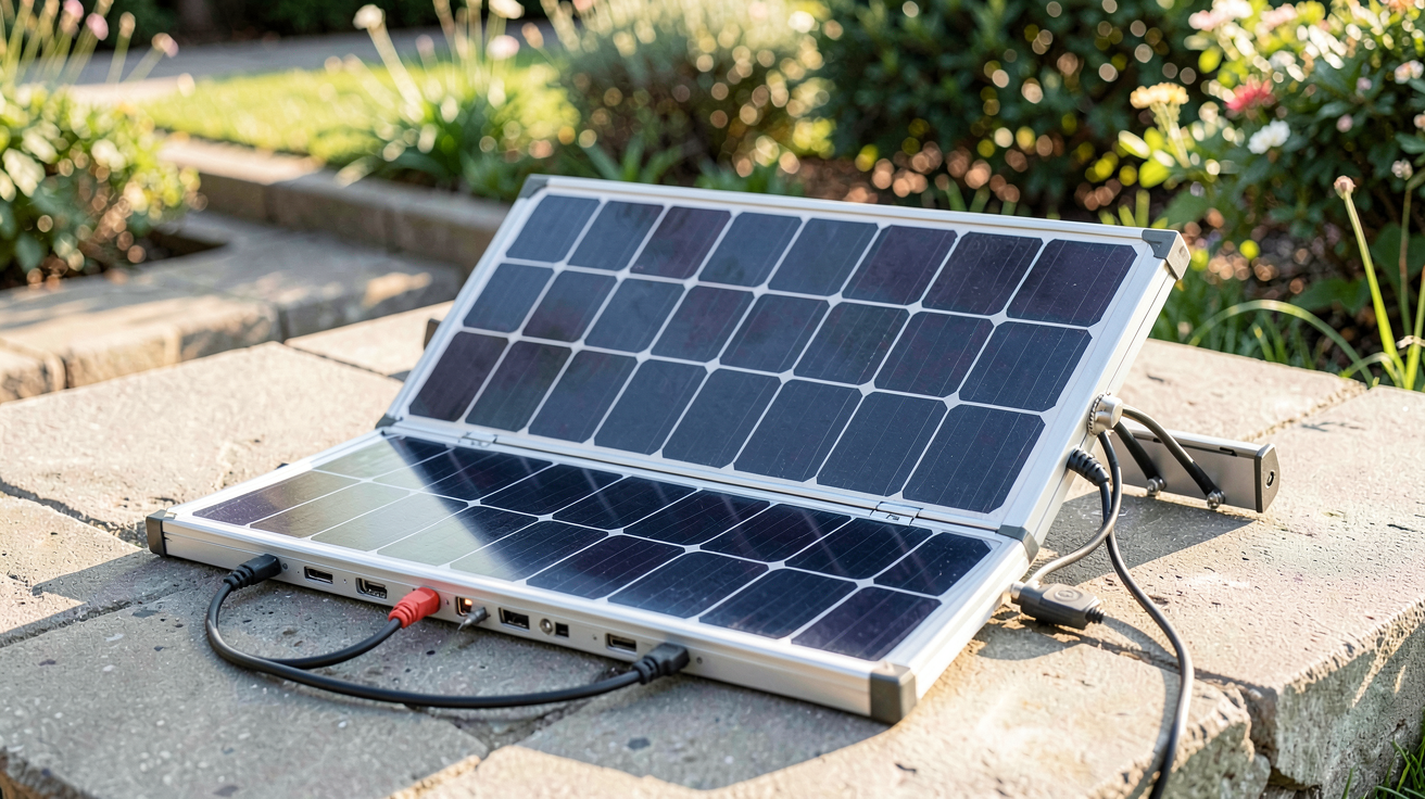 panneau photovoltaïque portable pliable 120W posé sur une surface plane en extérieur avec ses câbles de connexion