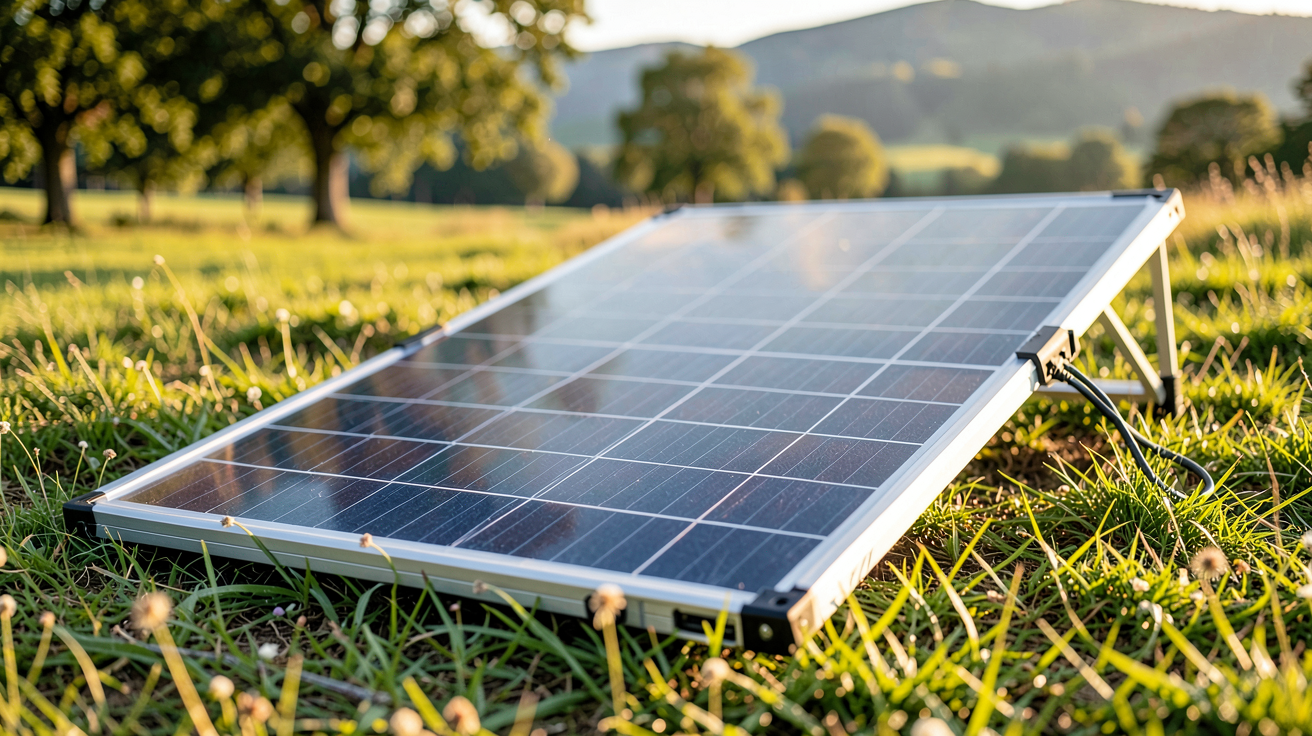 panneau photovoltaïque portable pliable 120W déployé sur un sol herbeux en plein jour