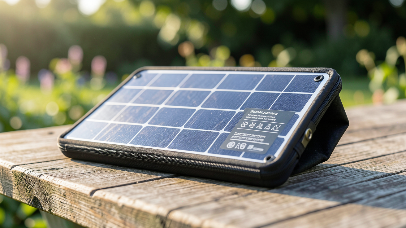 panneau photovoltaïque portatif posé sur une table en bois en extérieur