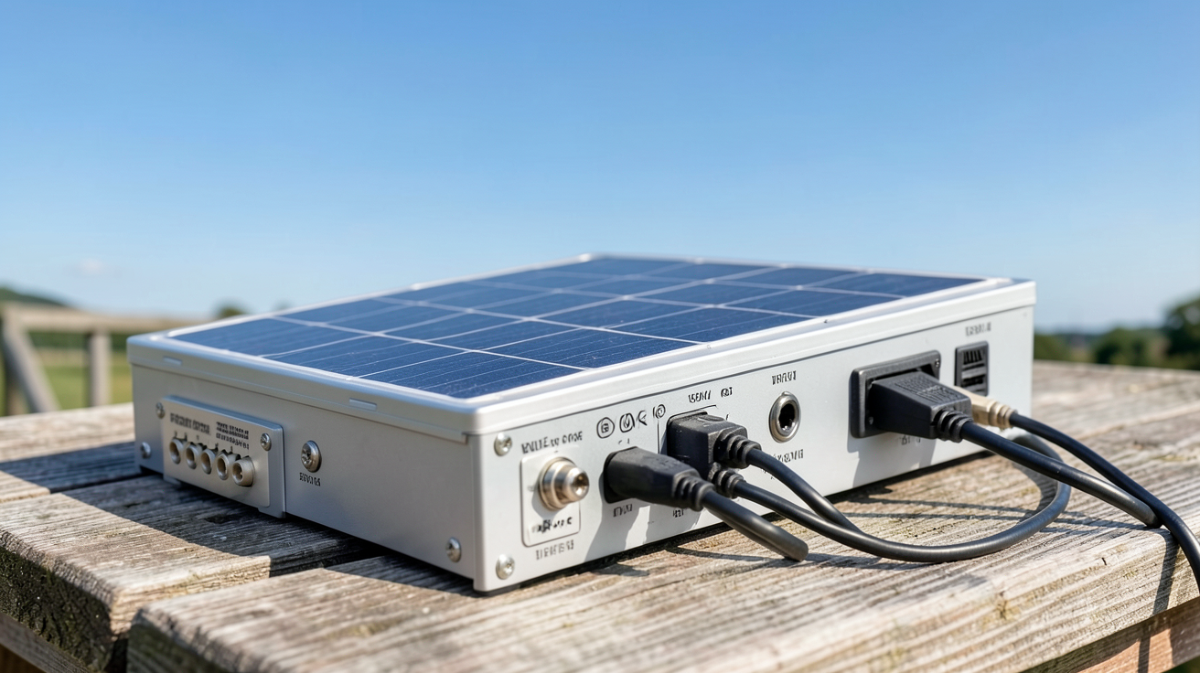 panneau photovoltaïque portatif de 100W posé sur une table en bois extérieur avec ciel bleu