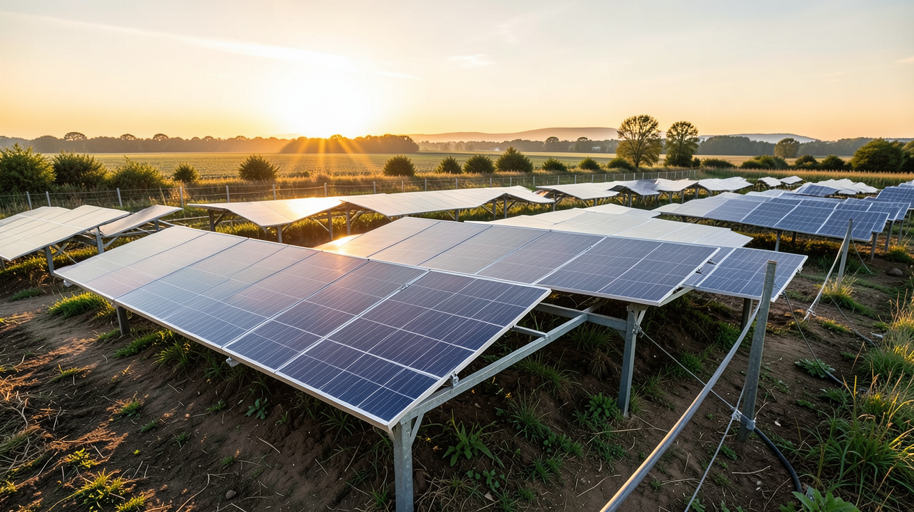 panneau photovoltaïque posé au sol dans un champ agricole ensoleillé