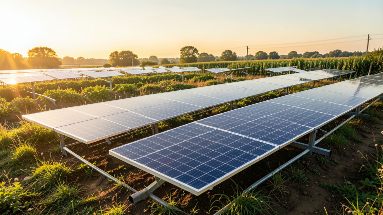 panneau photovoltaïque posé au sol dans un champ ensoleillé