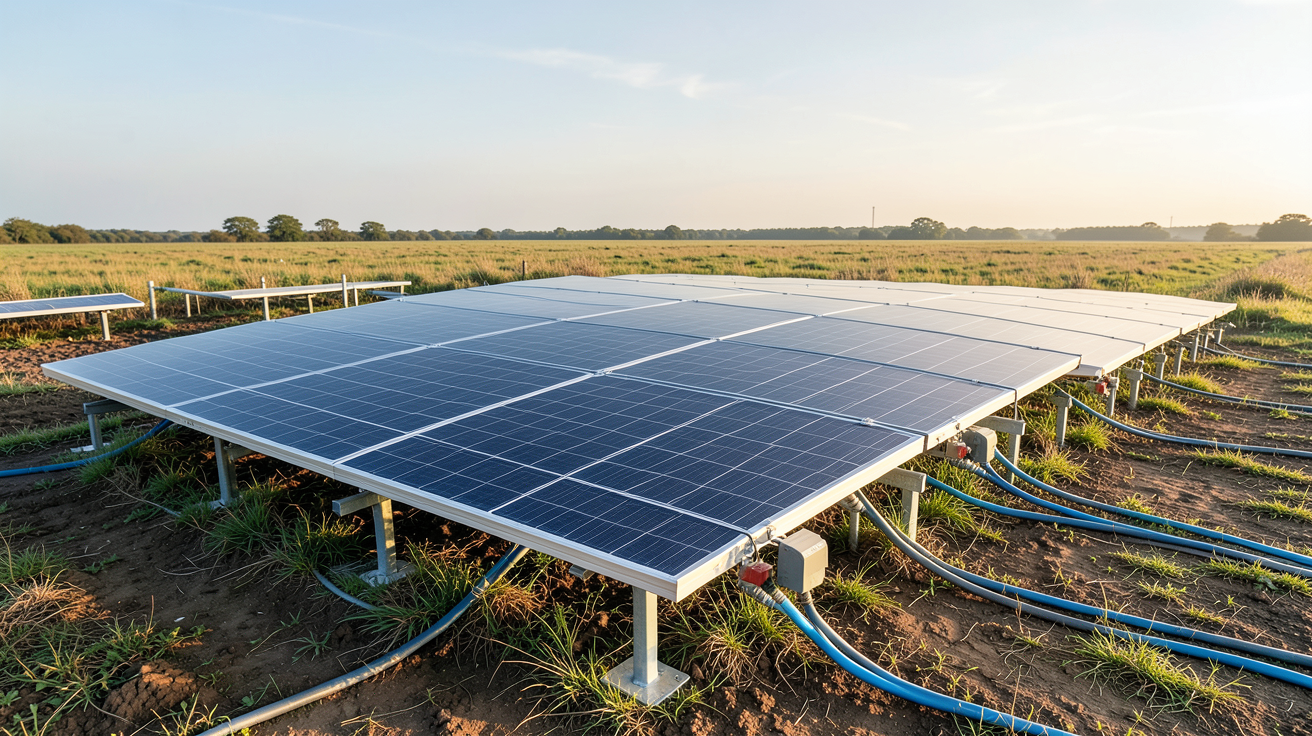 panneau photovoltaïque posé au sol lors d'une installation solaire avec matériel nécessaire