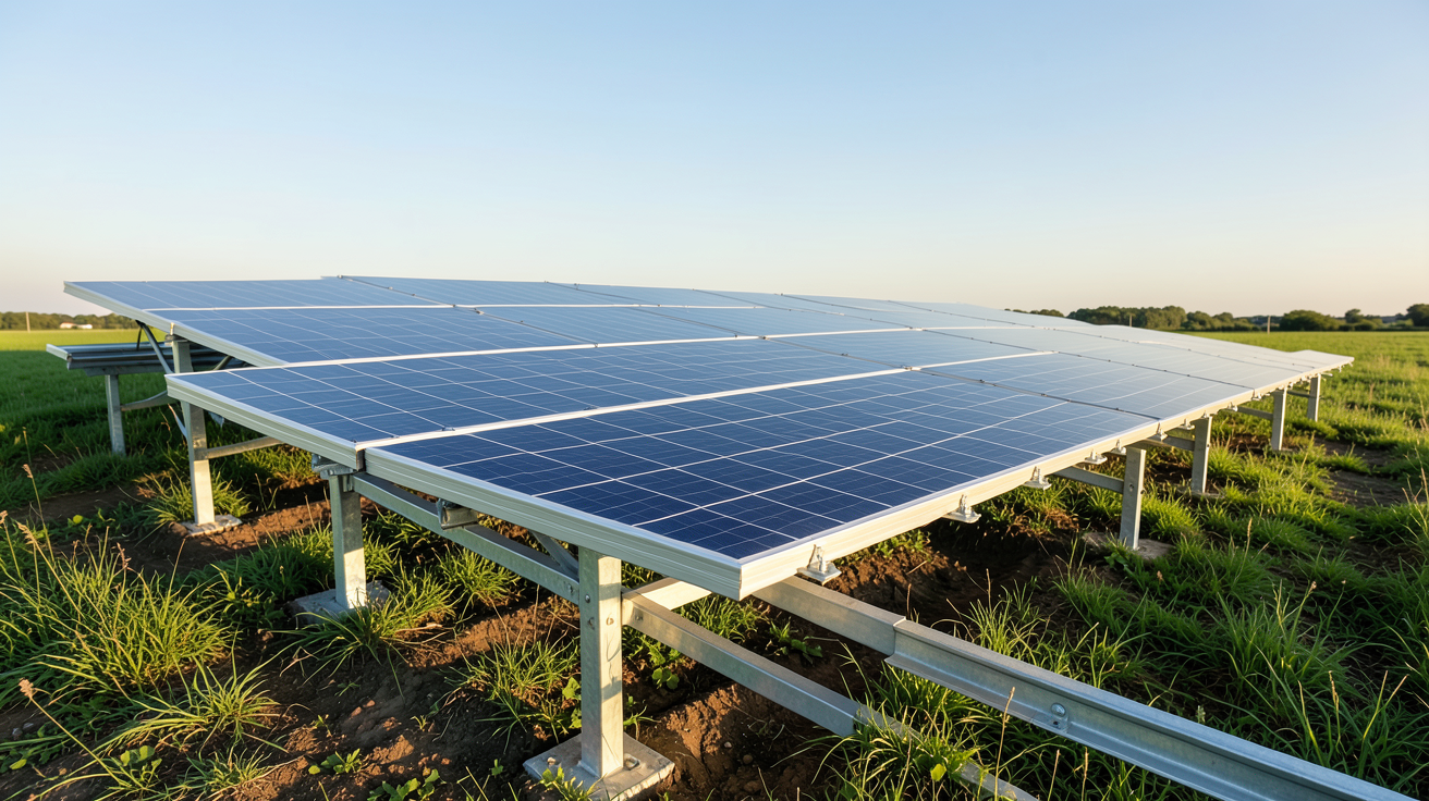 panneau photovoltaïque posé au sol sur un support métallique adapté dans un champ