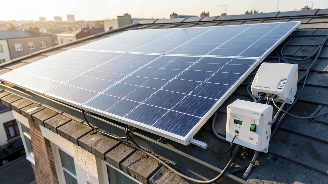 panneau photovoltaïque pour autoconsommation installé sur une toiture de maison urbaine avec système connecté