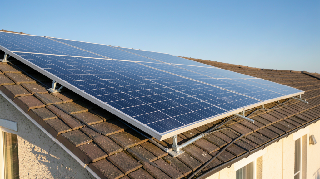 panneau photovoltaïque pour autoconsommation installé sur le toit d'une maison avec un ciel bleu dégagé