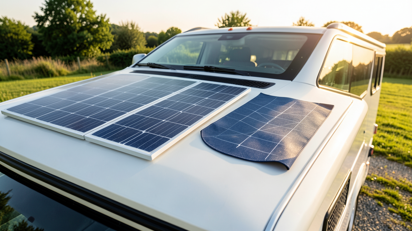 panneau photovoltaïque pour camping-car : comparaison entre un panneau rigide et un panneau souple installés sur le toit d'un camping-car