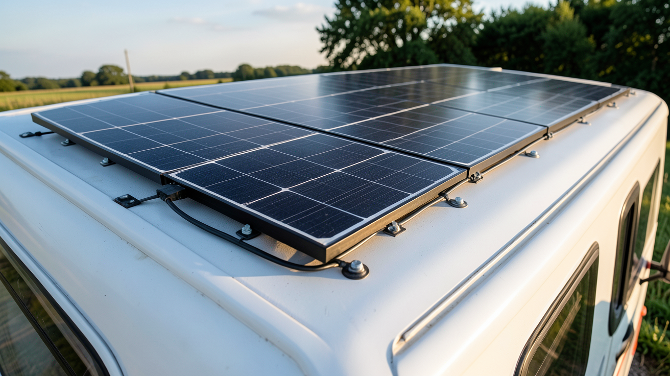 panneau photovoltaïque pour camping car installé sur le toit avec câbles et fixations visibles