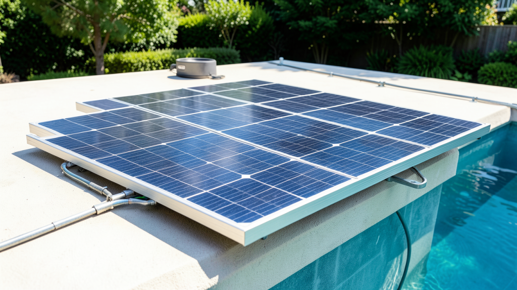 panneau photovoltaïque pour piscine installé près d'une piscine extérieure en été
